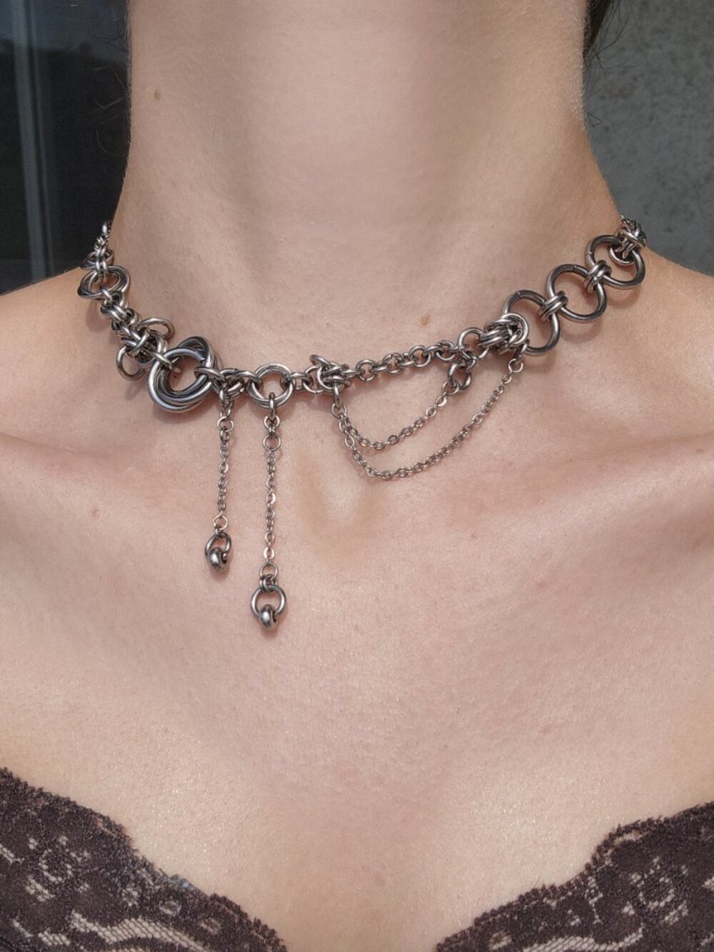 Unique asymmetric silver choker necklace